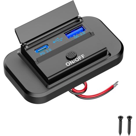Cargador USB para coche: adaptador de puerto USB de 12 V y 38 W PD tipo C y QC3.0 con interruptor impermeable para autocaravanas, barcos, motocicletas, camiones y carritos de golf.