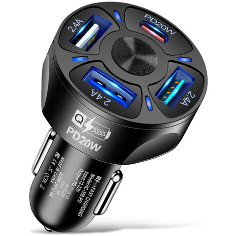 Cargador USB para coche, cargador rápido para coche, 3 USB + PD, 20 W, 2,4 A, cargador para encendedor de cigarrillos, carga rápida, compatible con iPhone, iPad, Samsung Galaxy, Huawei, Xiaomi y table