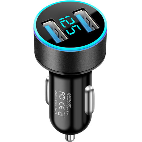 Cargador USB para coche QC3.0, adaptador USB para coche QC3.0 dual totalmente metálico con voltímetro LED y protección total para varios dispositivos móviles