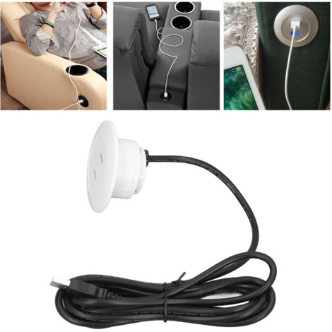 [Cargador USB para sofá] con 2 puertos USB inteligentes e instalación fija, ABS blanco, 5V x 2, 4,5 cm de diámetro, cable de 2,5 m