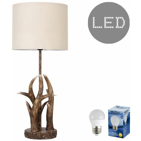 main image of "Caribou Antler Table Lamp In A Natural Finish With Small Drum Shade & 4W Filament LED Bulb - Beige"