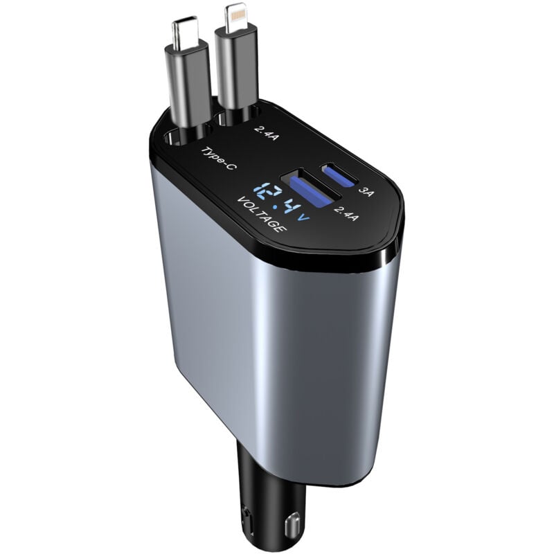 Image of Caricabatteria da auto per iPhone Accendisigari USB C USB A Ricarica rapida Max 120 W 2 cavi retrattili per iPhone 15, iPad, Galaxy, Google