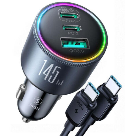 Caricabatteria da auto SiGN 145W con 2x USB-C e 1x USB-A - PD e QC3.0