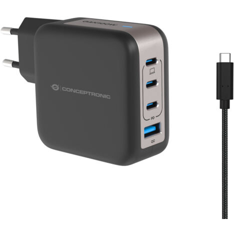 Caricabatterie Conceptronic Althea 18B Usb PD GaN 4 porte 100W con cavo 3xUsb-c/1xUsb-a/QC3.0 1.5m Nero [ALTHEA18B]