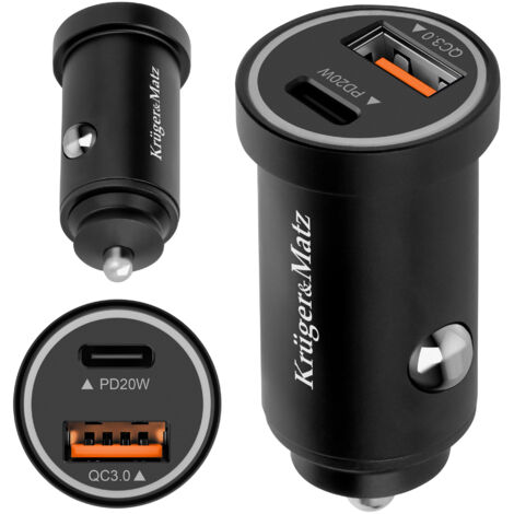 Caricabatterie da auto Kruger&Matz da 38 W con funzioni Power Delivery e Quick Charge.