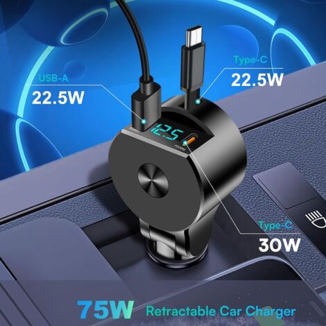 Caricabatterie da auto retrattile 3 in 1, accendisigari USB C veloce da 75 W, 1 cavo retrattile e PD 30 W e QC3.0, adattatore di tensione con cavo retrattile per tablet, telefono, GPS
