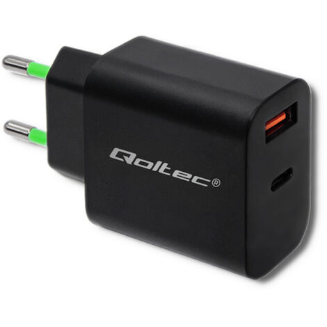 Caricabatterie da muro Qoltec 18W 5-12V 1,5-3A USB Tipo C PD USB QC 3.0 Nero