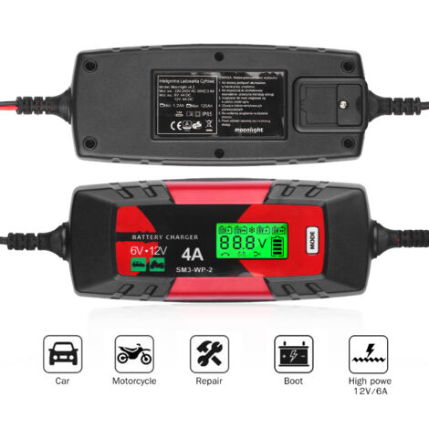 Caricabatterie e mantenitore automatico intelligente per batterie per auto da 6 V/12 V e 4 Amp con schermo LCD, riparazione a impulsi per auto, moto, barche e altro (spina UE)
