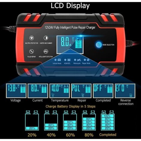 Caricabatterie intelligente 12V/24V 8A, mantenitore di carica portatile con funzione di riparazione automatica e display LCD, per auto, moto, camion, AGM, gel, elettrolita liquido, SLA (nero/rosso)