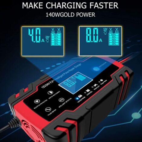 Caricabatterie intelligente 12V/24V 8A, mantenitore di carica portatile con funzione di riparazione automatica e display LCD, per auto, moto, camion, AGM, gel, elettrolita liquido, SLA (nero/rosso)