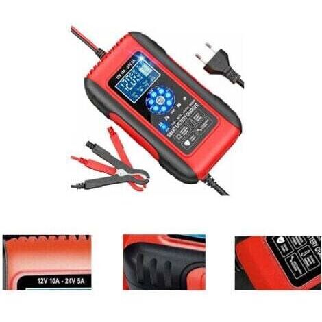 Caricabatterie intelligente LiFePO4 da 10 A 12 V/24 V per auto e moto, mantenitore automatico con display LCD, funzione di riparazione per batterie AGM, Gel, Wet, SLA e TRIME per auto e moto.