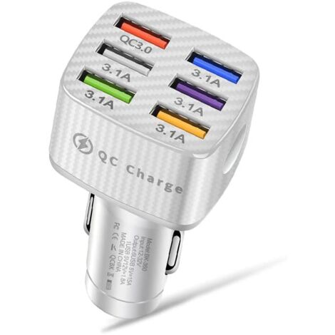 Caricabatterie per auto a 6 porte, ricarica rapida, caricabatteria per auto mobile, caricabatteria per accendisigari USB (bianco)