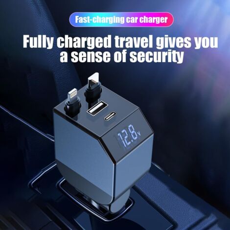Caricabatterie per auto USB-C 4 in 1, ricarica rapida PD30W, doppi cavi retrattili, voltmetro a LED, caricabatterie per telefoni cellulari, per iOS, Android, 12-24 V, Max84 W