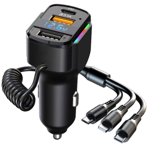 Caricabatterie per auto USB C, 5 porte PD3.0 e QC3.0 Caricabatterie per auto super veloce Presa USB C con cavo USB da 1,2 m, Caricabatterie per auto USB C con voltmetro a LED Caricabatterie per auto
