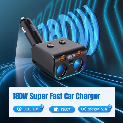 Caricabatterie per auto USB C da 180 W, caricabatteria per auto USB di tipo C, caricabatteria per auto USB C con doppio QC3.0 e caricabatterie PD di tipo C da 30 W, 12 V/24 V, voltmetro a LED con inte