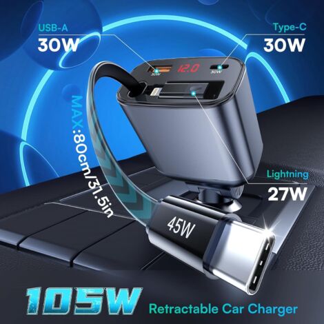 Caricabatterie per auto USB da 105 W, caricabatteria per auto retrattile PD da 45 W, adattatore di ricarica rapida QC3.0 da 30 W, con voltmetro a LED DC12-24 V per iOS, Android, tablet e tutti gli sma