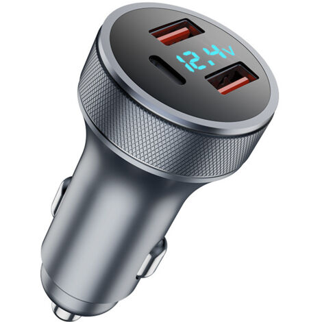 Caricabatterie per auto USB da 72 W, adattatore di ricarica rapida in metallo, doppio USB 18 W QC 3.0 + 36 W PD, caricabatteria per auto USB con voltmetro a LED (grigio)