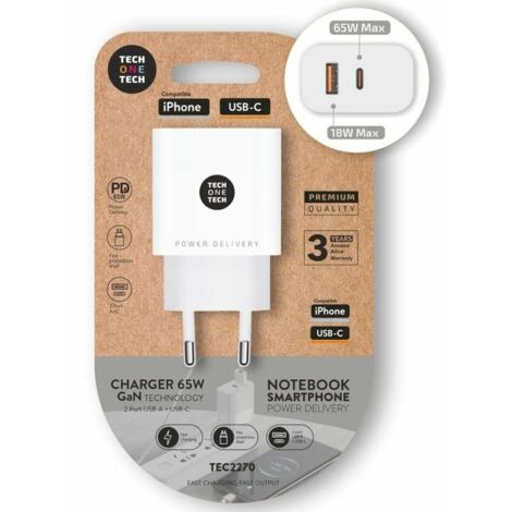 Caricabatterie ultraveloce "eKo" per dispositivi mobili e notebook USB-C 65W GaN e USB-A 18W bianco (cavo incluso)
