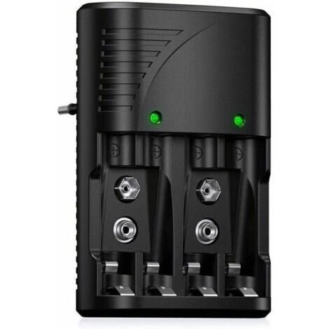 Caricabatterie universale per batterie AA/AAA/9V, modello 6802, rapido e compatibile con batterie ricaricabili Ni-MH AA/AAA o 9V, con indicatore LED e voltaggio universale.