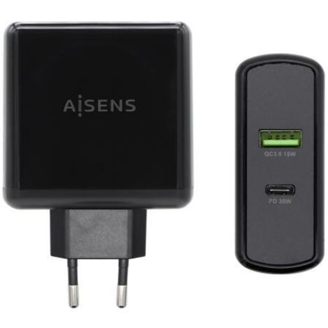 Caricabatterie Usb-c Pd3.0 30w Usb-a Qc3.0 18w Nero Aisens Asch-2pd30qc-bk