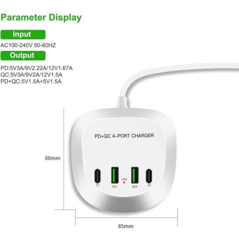Caricabatterie USB-C veloce, stazione di ricarica rapida Jie xing cun USB PD QC 3.0, spina USB portatile a 4 porte per ricarica rapida per iPhone, iPad e altro