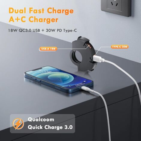 Caricabatterie USB per moto, presa USB QC3.0 da 12 V e 30 W e presa PD Type-C da 30 W, caricabatterie per telefono impermeabile IP65 per motociclette CC 12 V-24 V, bici da spiaggia, quad