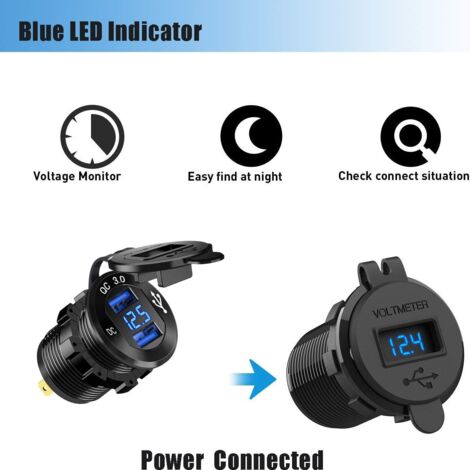 Caricabatterie USB rapido per auto con due porte USB QC3.0, 12 V/24 V, 36 W, impermeabile con voltmetro digitale a LED per moto, roulotte, camion, barca e altro ancora