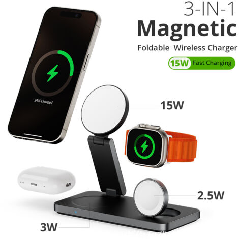 Caricabatterie wireless con stazione di ricarica 3 in 1 per Apple, caricabatterie wireless induttivo pieghevole per iPhone 16, 15, 14, 13, 12, Apple Watch, AirPods Pro con adattatore rapido