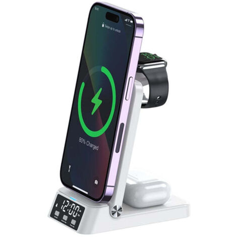 Caricabatterie wireless sign 3 in 1 con sveglia 15 w - bianco
