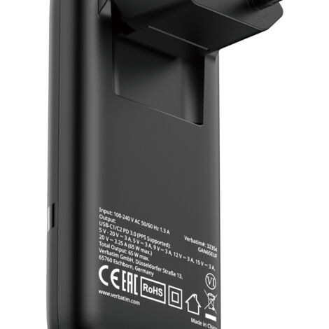 Caricatore da Muro GaN Verbatim Fold 'n' Go- 2xUSB Tipo-C- 65W