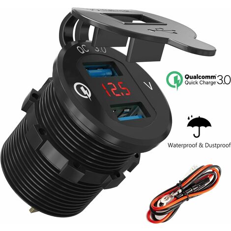 Caricatore per auto con doppia presa USB per moto, adattatore per presa di corrente marina, presa accendisigari impermeabile 2.1 A, ricarica rapida con voltmetro a LED per presa QC 3.0 12 V/24 V con v