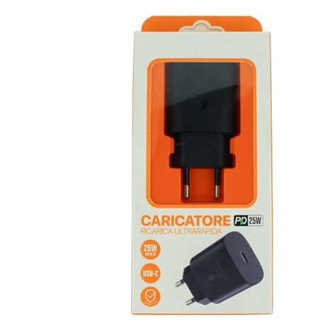 Caricatore USB C 25W Nero Caricabatterie PD Ricarica Ultra Rapida 5V 3A 9V 2,77A