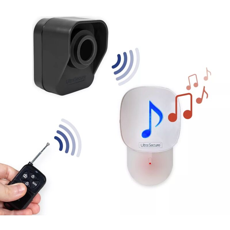 Ultra Secure - Carillon 600m sans fil - Détecteur mouvement autonome & carillon sur prise commandée (on/off) 35 mélodies vol. réglable