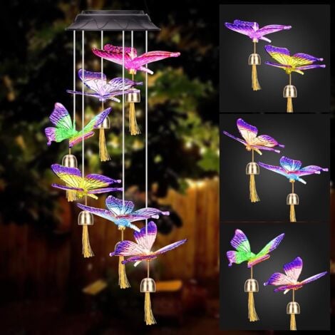 MEMKEY Carillon à LED Solaireà Spirales à Changement de Couleur, Winzwon Carillon a Vent Exterieur Pour Jardin, étanche, Décoration Extérieure Romantique Pour terrasse, Jardin Avec Crochet(Papillon)