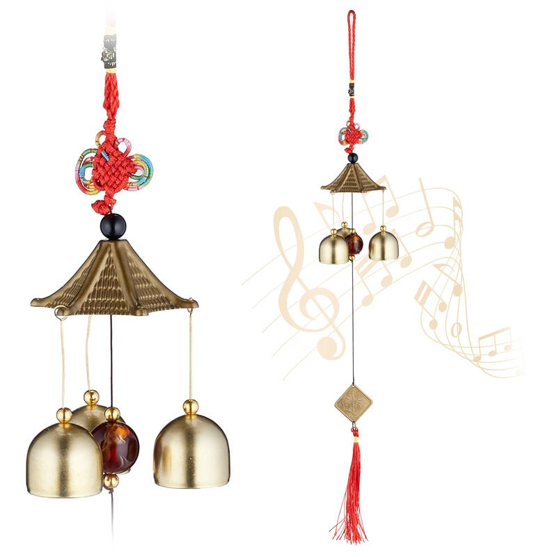 Relaxdays - Carillon à vent, en lot de 2, déco Feng Shui, suspendre, pour intérieur et extérieur, doré et rouge
