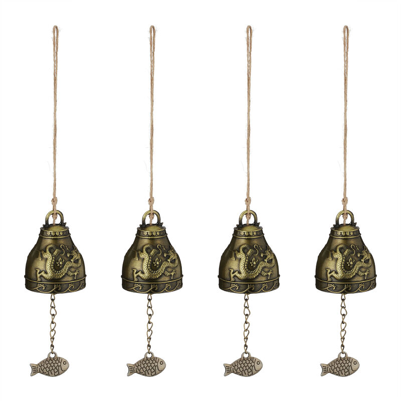 Relaxdays - Carillon à vent en lot de 4, métallique, décoration de jardin, balcon, sons apaisants, phénix et dragon, doré