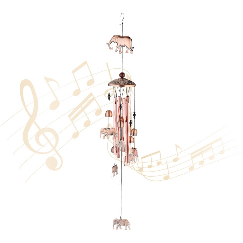 Relaxdays Carillon à vent, orné d’éléphants, métallique, à suspendre, pour l’intérieur et l’extérieur, cuivre