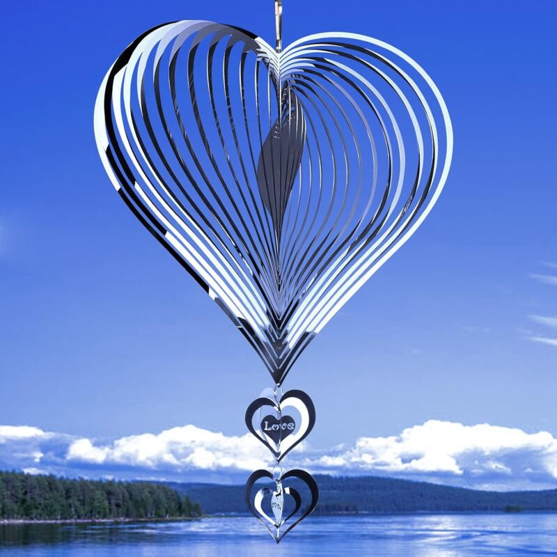 Carillón de viento con forma de corazón, giratorio para jardín, 3D de acero inoxidable, para decoración de interiores y exteriores (Amor) - 20 x 36 cm