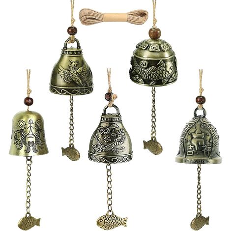 Carillon du Vent, 5PCS Bénédiction Feng Shui Carillons, Décoratifs D'extérieur Suspendu Chanceux Chinois Carillon à Vent Phoenix Cloche de Métal Bois Bronze Windchime pour la Maison et Jardin
