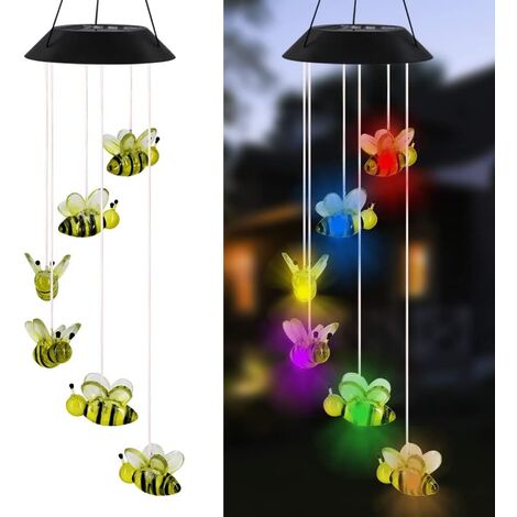 Carillon éolien solaire Bee, carillon éolien suspendu mobile de 63,5 cm pour la décoration de jardin à la maison, couleur changeante automatique de la lumière (abeille)