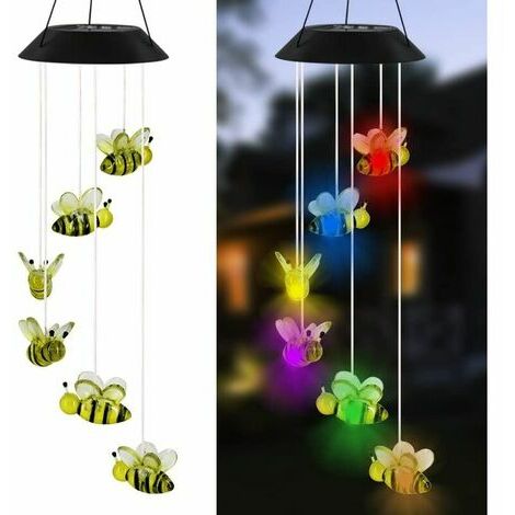 Carillon éolien solaire Bee, carillon éolien suspendu mobile de 63,5 cm pour la décoration de jardin à la maison, couleur changeante automatique de la lumière (abeille)