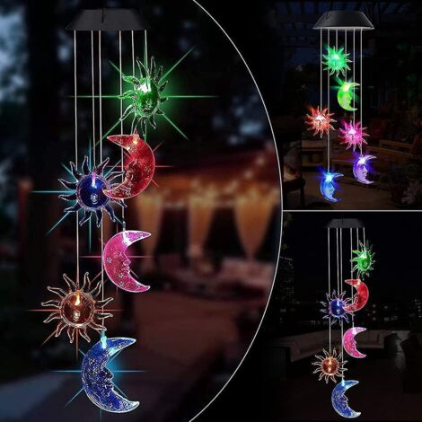 Carillon éolien solaire, lampe LED solaire soleil et lune à changement de couleur, étanche, décoratif pour jardin, terrasse, patio, cour.