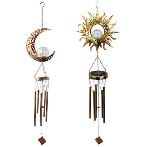 Carillon éolien solaire LED extérieur étanche en forme de lune de soleil pour la décoration de jardin de cour (1 pc, soleil)