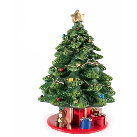 Carillon girevole Albero di Natale con orsetto e doni in resina colorata