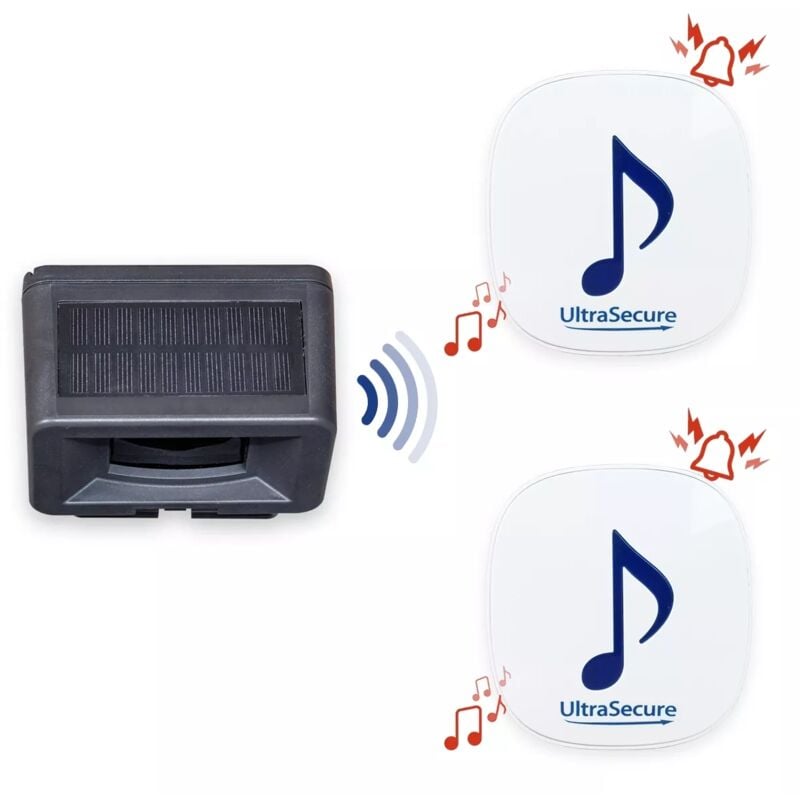 Ultra Secure - Carillon magasin/entrepôt sans-fil 600m - Détecteur rideau solaire + 2 carillons 35 mélodies volume réglable (DA600+)