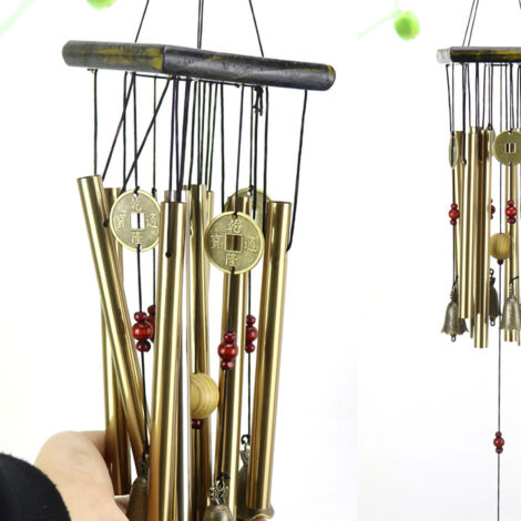 Carillon [Maison] Carillon Décoratif pour Maison/Cabine en Bois et Tubes d'Aluminium Dorés - Design Fan Shape et Son Harmonieux