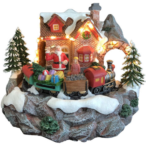 Carillon Natalizio Casa di Babbo Natale 24x23x18 cm in Resina con Luci Suoni e Movimento
