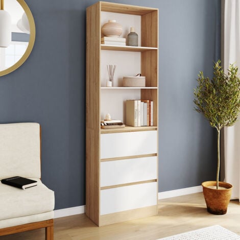 CARLA Libreria a 3 livelli con 3 cassetti bianchi ed effetto legno H.190 cm