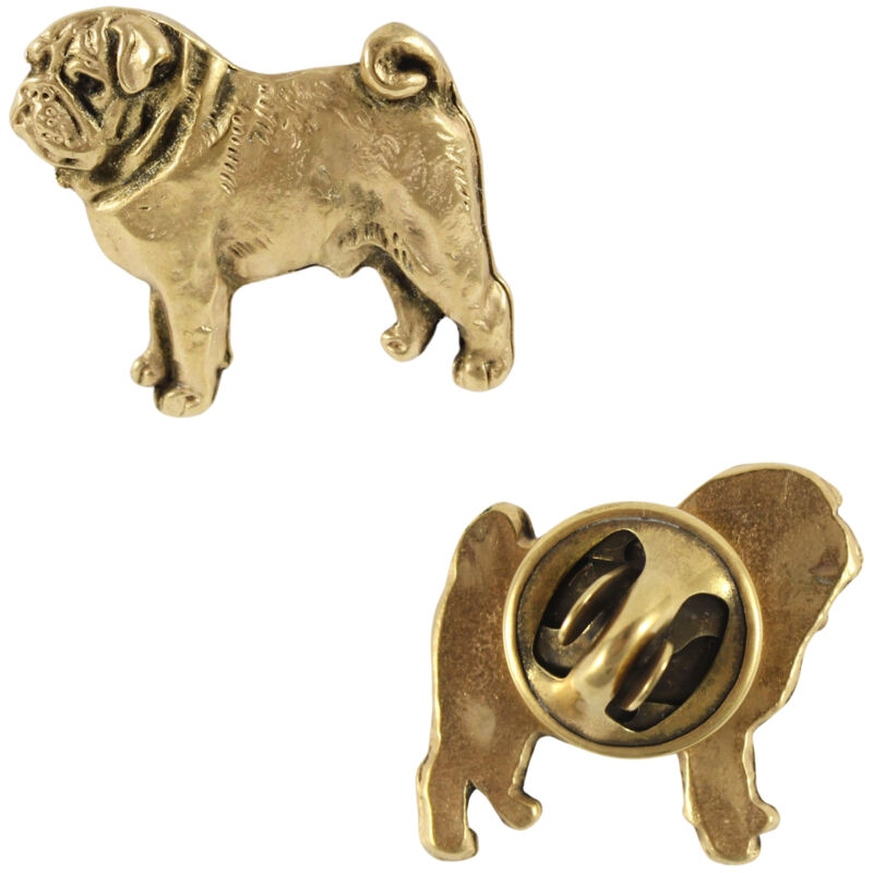 Carlin, Carlin - broche chien dans une boîte décorative, élégante broche plaquée or, broche de veste de la marque Art-Dog