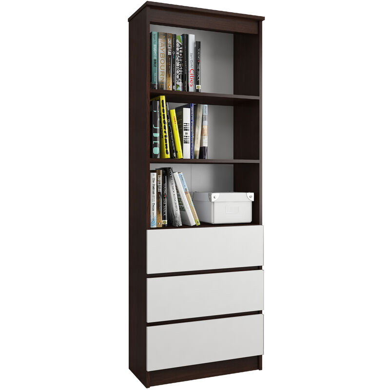 

CARLO - Mueble de almacenamiento / despacho / dormitorio - 3 cajones + 2 estantes - 180x60x35cm - Librería - Doble acabado - Wengue/Blanco